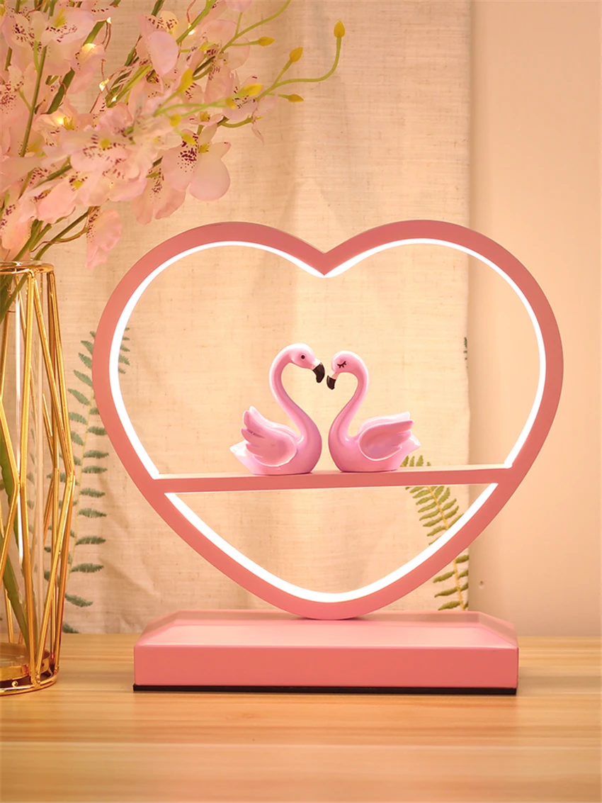 Pink Swan Flamingo Table Lamps Decoration Wedding Desk Lights Wedding Room Bedroom Bedside Resin Lamp Girl Festive Gift Fixtures