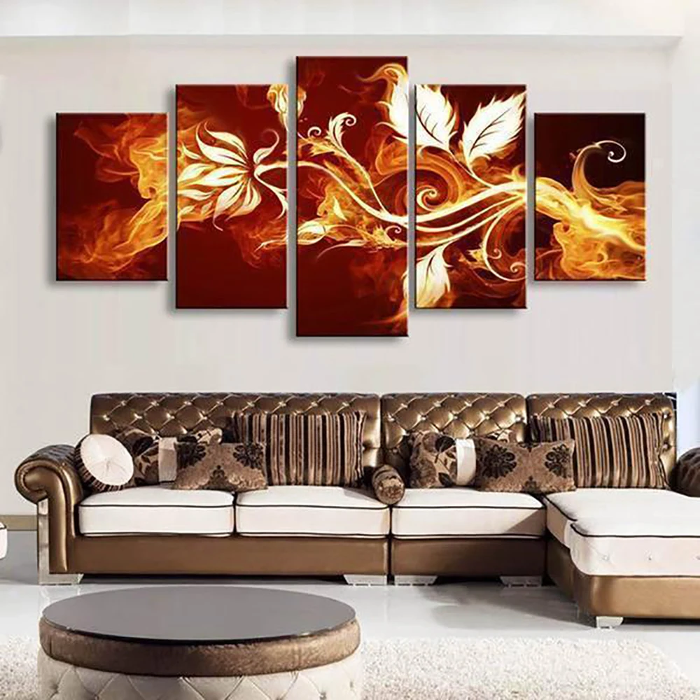 

No Framed Canvas 5Pcs Fire Flowers Wall Art Posters Pictures Home Decor Paintings Decorations