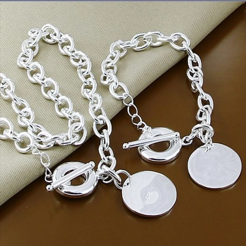 

BABYLLNT Classic Jewelry Set 925 Sterling Silver Round Pendant Bracelet Necklace Set for Women Men Christmas Valentine's Gifts
