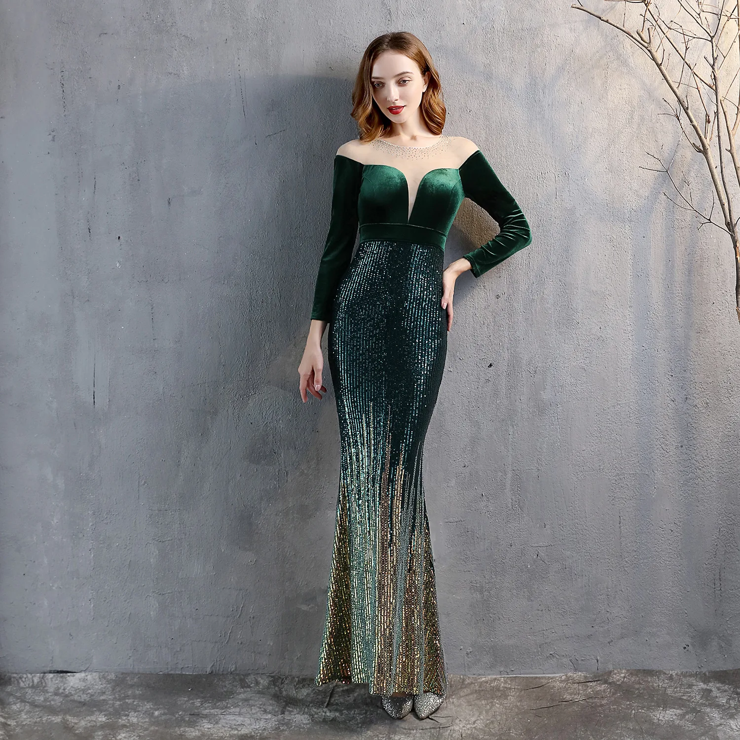 DEERVEADO Elegant Velour Mermaid Sequins Evening Dresses Women Formal Dress Party Gown Maxi Dress K18291