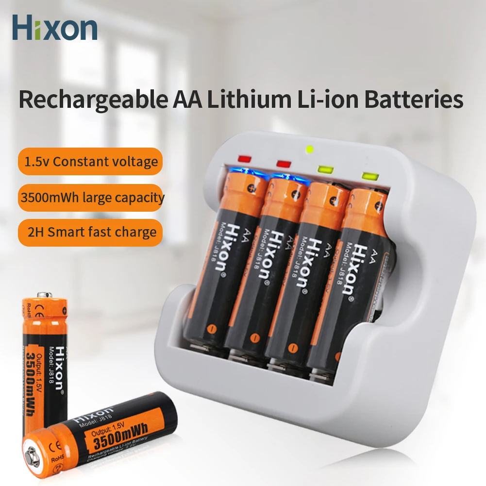 Hixon 1.5V ad alta capacità di 3500mWh batterie ricaricabili agli ioni di litio AA con caricabatterie rapido, supporto all'ingrosso, torcia, ventola