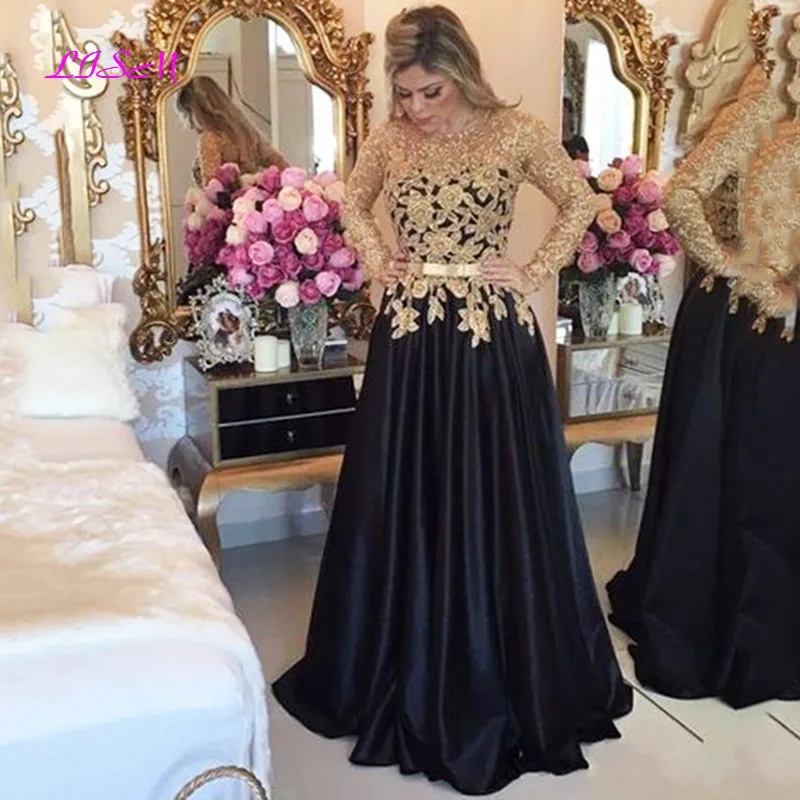 Elegant Gold Lace Evening Dress 2021 Appliques Long Sleeves Prom Dresses Satin Formal Party Gowns Vestido de Formatura Longo