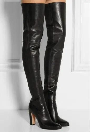 Plain Leather Black Thigh High Boots Square Heel Round Toe Zip Over Knee High Boots Autumn Shoe Fashion Motorcycle Booties Women