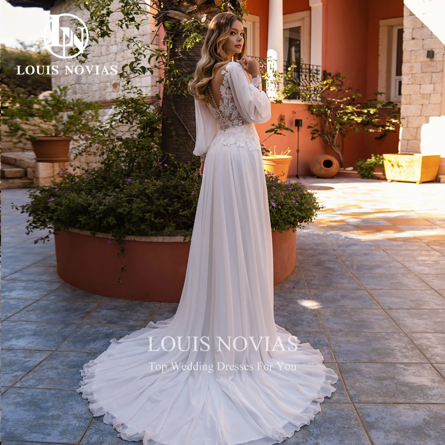 Louis novias-女性用ラインチュールウェディングドレス、自由奔放に生きるブライダルガウン、アップリケボタン、パフスリーブ、Vネック、2020