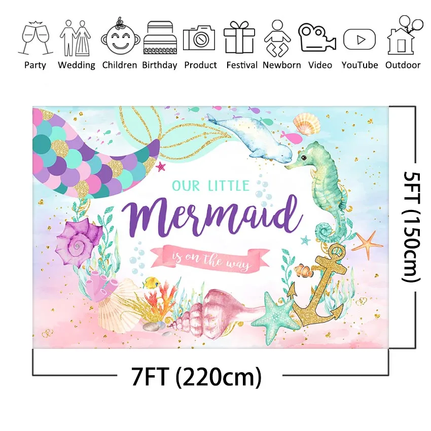 Mocsicka Mermaid Girl Baby Shower Backdrop Under Sea Mermaid Tail Baby Shower Party Decorations Photography Background Banner