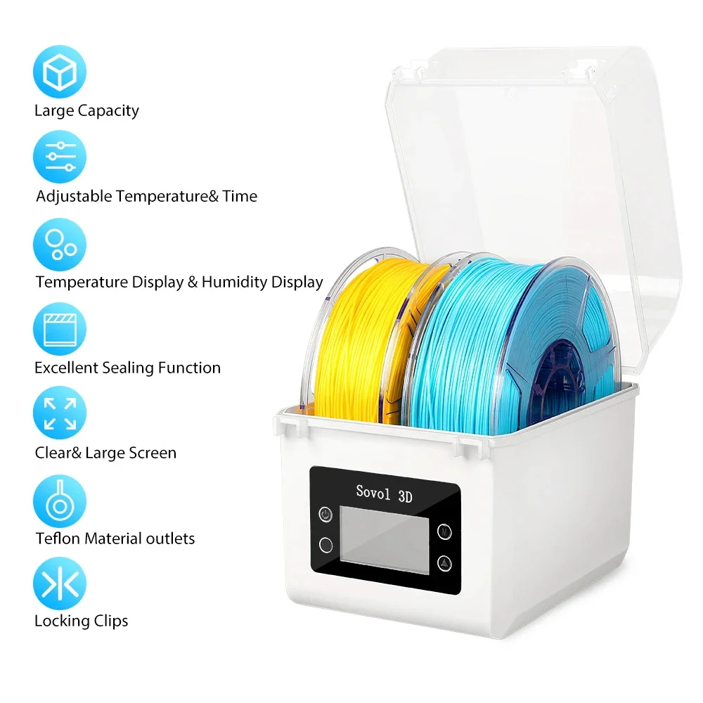 Sovol 2 Rolls Filament Dehydrator Spool Holder Filaments Dry Box for 1.75mm, 2.85mm ABS PLA PETG TPU FDM Material 3D Printer