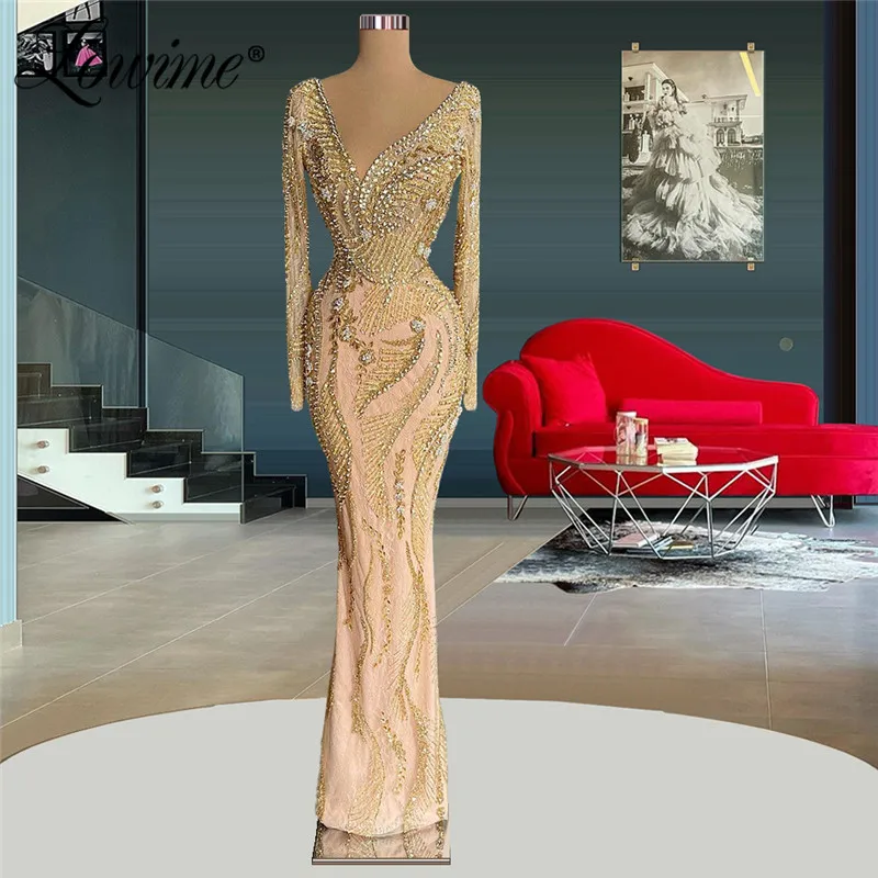 

Lowime Formal Long Arabic Evening Dresses 2022 Mermaid Lace Party Gowns Couture Women Celebrity Dresses With Crystals Beading