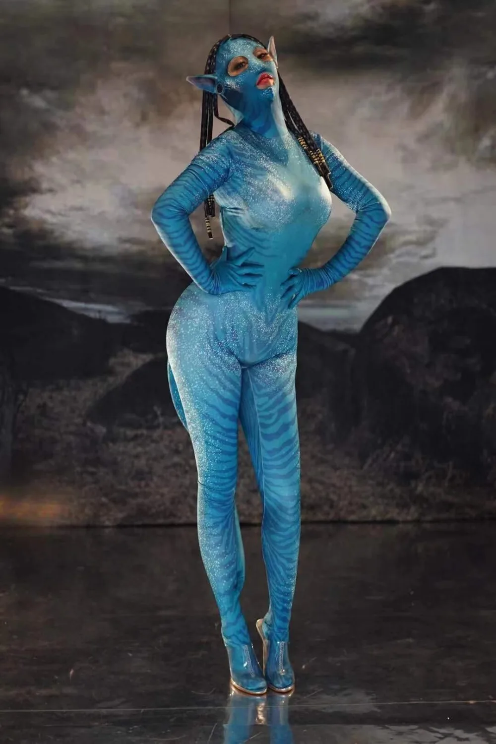 Sexy Avatar coverall bodysuit Nightclub stage jumpsuit halloween party cosplay costume women men blue jumpsuit tail