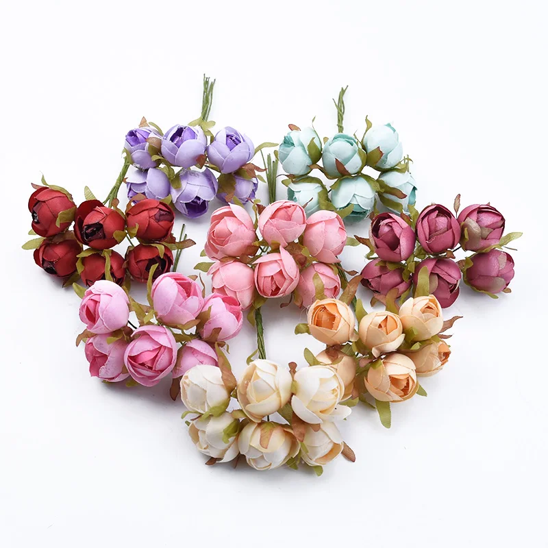 6PCS Wedding Decorative Plants Christmas Wreaths Home Decoration Accessories Diy Gifts Box Silk Tea Rose Bud Artificial Flowers