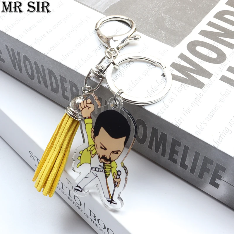 Freddie Mercury The Queen Band Keychain Tassel Charms Rock Star Figure Cartoon Acrylic Key Chain Keyring Let\'s Rock Cool Gesture