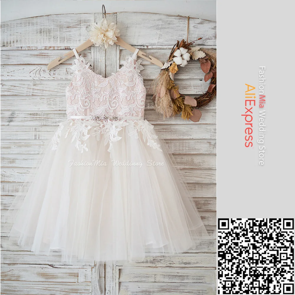 FashionMia White Sleeveless Tulle and Lace Cute Short Flower Kid Girl Wedding Dress for Children Communion Birthday Party