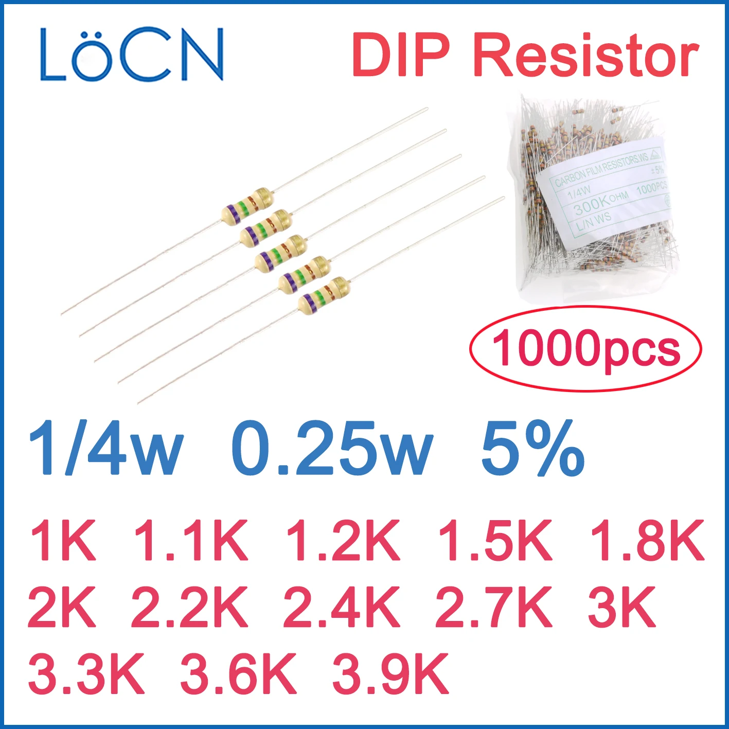 Resistor de película de carbono DIP 1K 1000 K 5% K 1,1 K 1,2 K 1,5 K 2K 1,8 K 2,2 K 2,4 K 2,7 K 3,3 K 3K 3,6 K 3,9 K OHM, Uds. 0,25 w