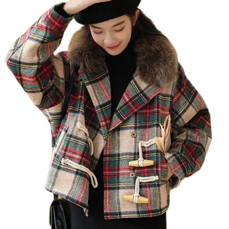 

Women Short Velvet Thick Plaid Woolen Jacket 2023 Autumn Winter Female New All-match Cocoon-shaped Small Woolen Coat A657