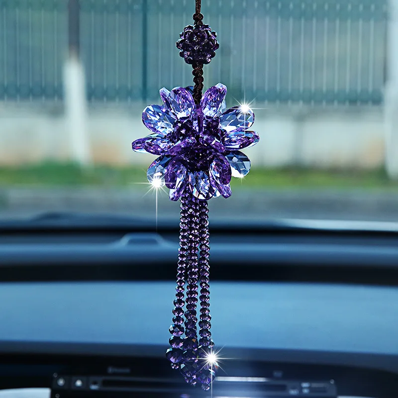 Beautiful Styling Crystal Car Hanging Ornaments Rhinestone Flower Tassels Pendant Rear View Mirror Car Decoration Accessories