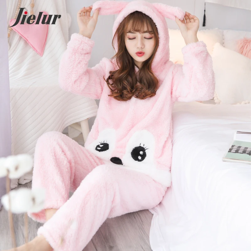 Jielur Winter Thick Warm Cartoon Hooded Women Fleece Pajama Sets Long Sleeve Shirt+Pants Print Femme Pijama Feminino Home suit