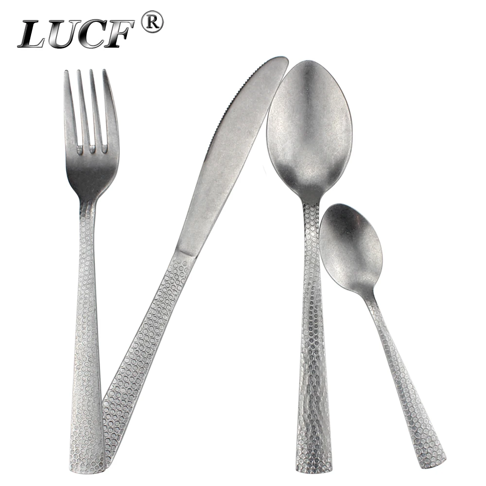 Vintage Style Hexagon Pattern Western Cutlery Matte Polish Stainless Steel Elegant Silverware Tableware For Kitchen Dishwasher