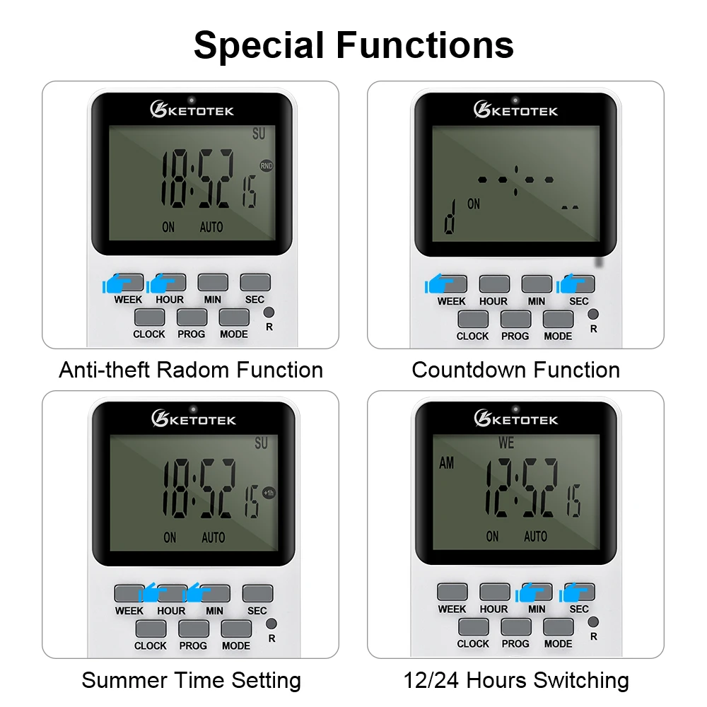 EU/US/UK Electronic Digital Timer Switch Programmable 220V 110V Kitchen Plug Socket Timing Outlet Random Coutdown 12/24hr Timer