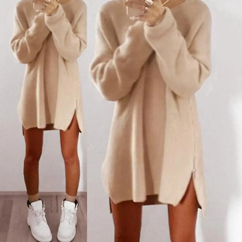 Women Sweaters Dress Winter Pullover Solid Color O Neck Sideway Zip Loose Casual Knitted Mini Dress свитер женский pull femme