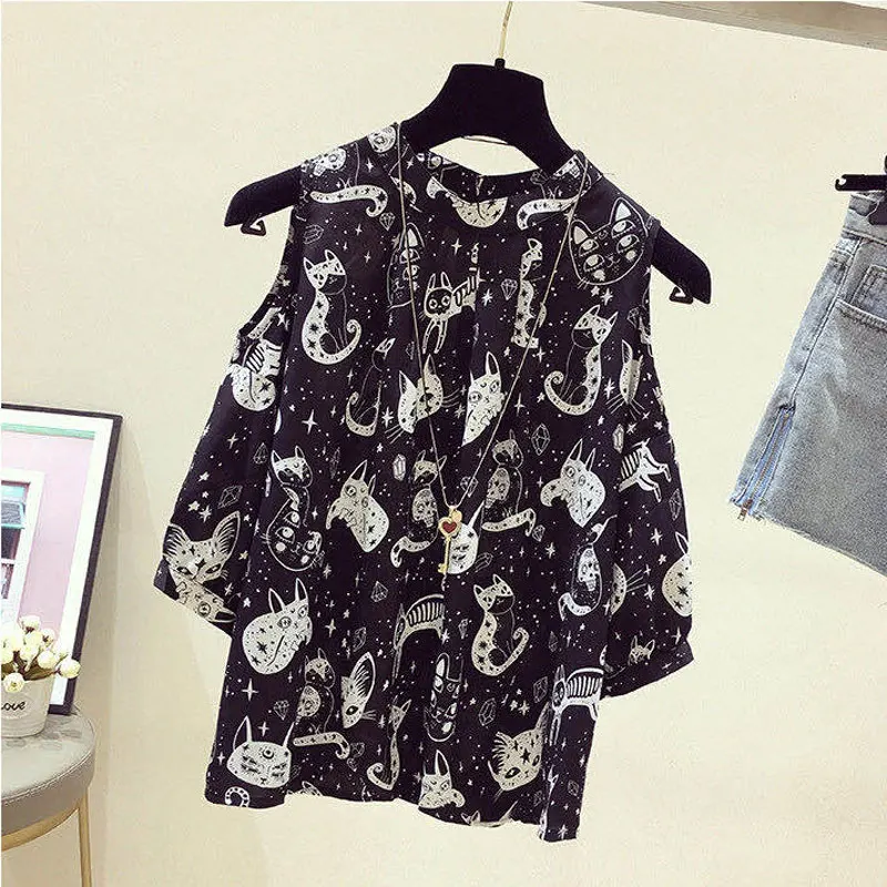 Towerke Fashion Cat Print Zomer Nieuwe Slim Tops Zoete Chiffon Overhemd Vrouwen Blouses Casual Wit Zwart Blusas Mujer Streetwear