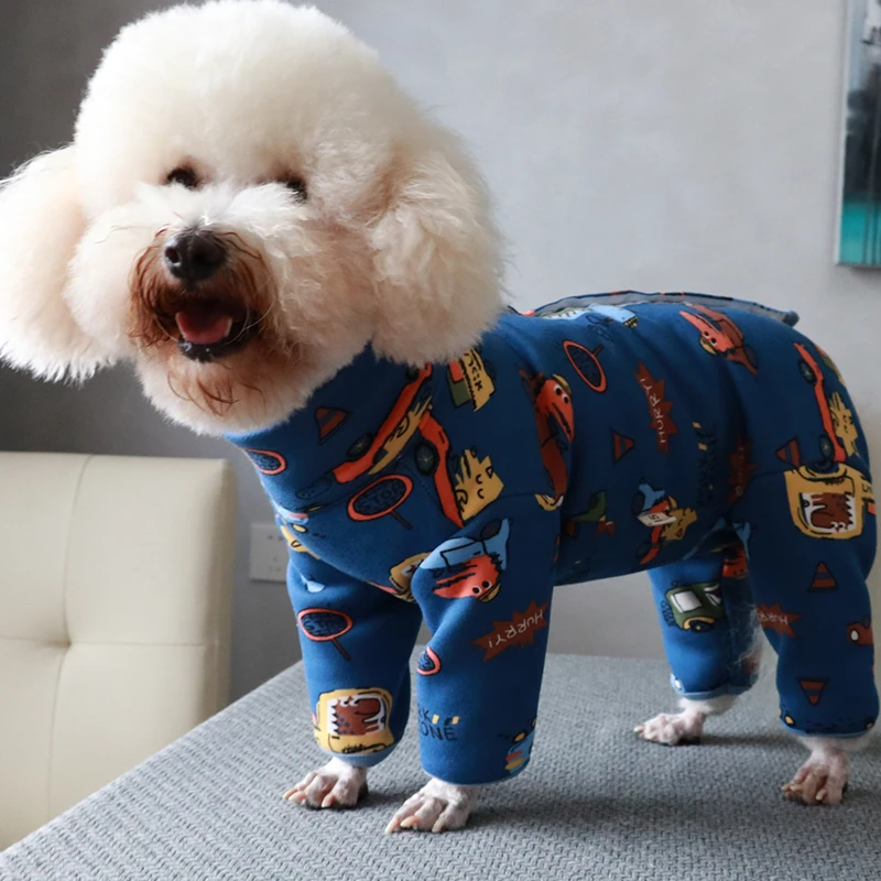 Pet Dog Jumpsuit Warm Fleece Puppy Clothes Protect Belly Pajamas High Neck Printed Overalls For Small Dogs Chihuahua Poodle Coat