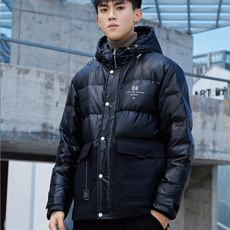 Winter Mens White Duck Down Coats Hooded Short Solid Puffer Jackets Male Thick Warm Hip Hop Streetwear for Men Parkas JK-914