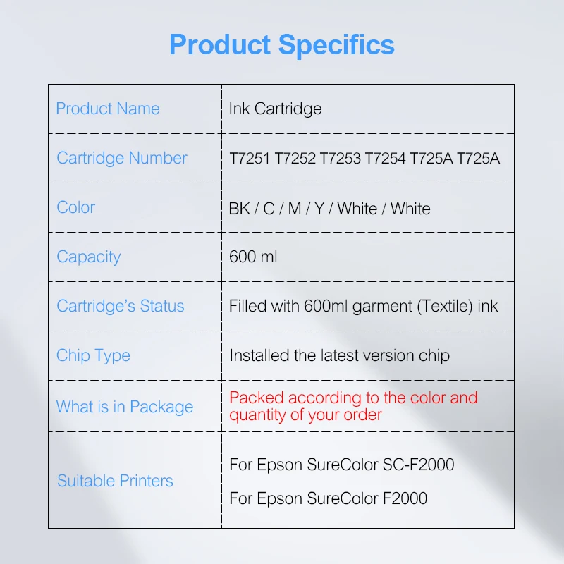 T7251-T7254 T725A T7251 Kompatibel Tinte Patrone Gefüllt Mit Tinte Für Epson SureColor F2000 F2100 600 ml/teil (5 Farben Optionen)