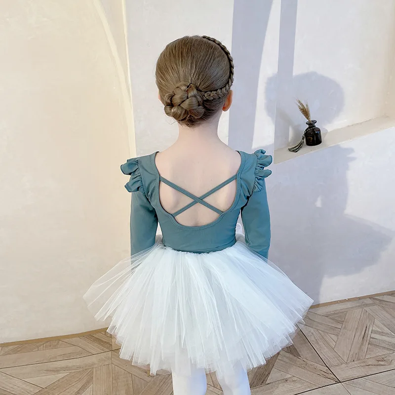 Girl Ballet Tutu Dress Professional Kids ginnastica danza Ruffles body manica lunga/corta pratica balletto Costume Ballerina