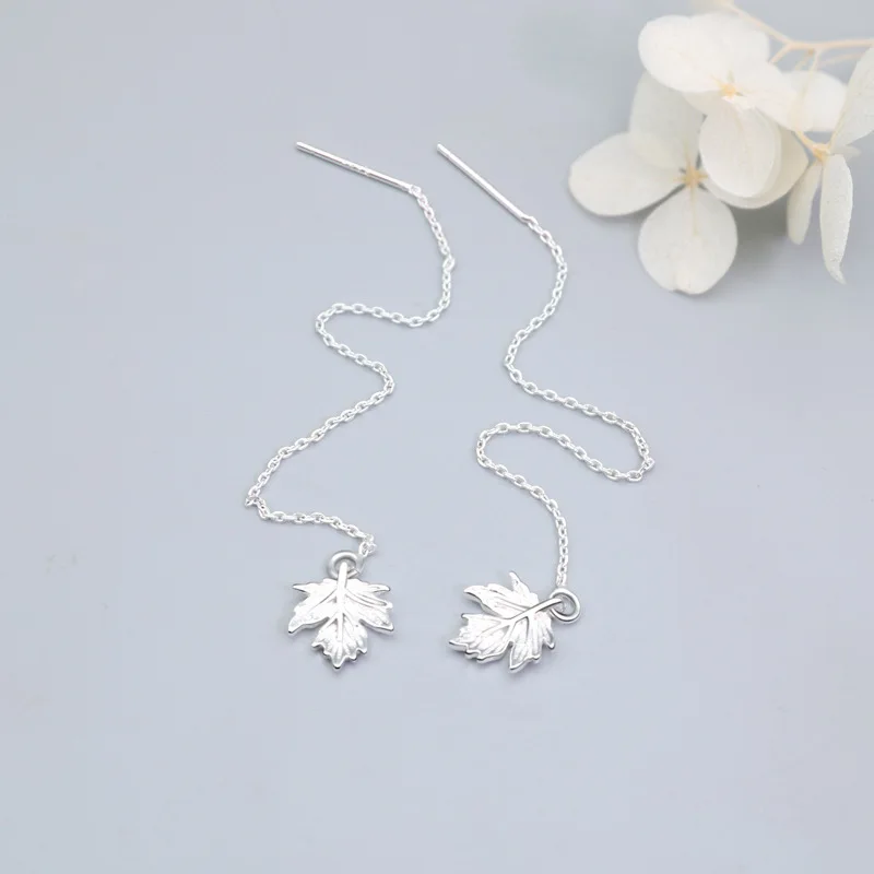 925 Sterling Silver Long Tassel Chain Maple Leaf Drop Earrings For Women Party Elegant Fashion Jewelry Wedding Gift