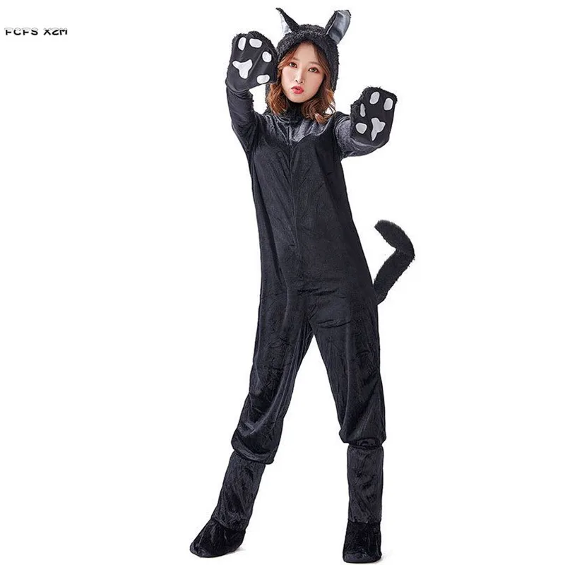 

Unisex Halloween Black Cat Costumes Adult Bear Cosplay Winter Jumpsuits Animal Pajamas Carnival Purim Bar Role Play Party Dress