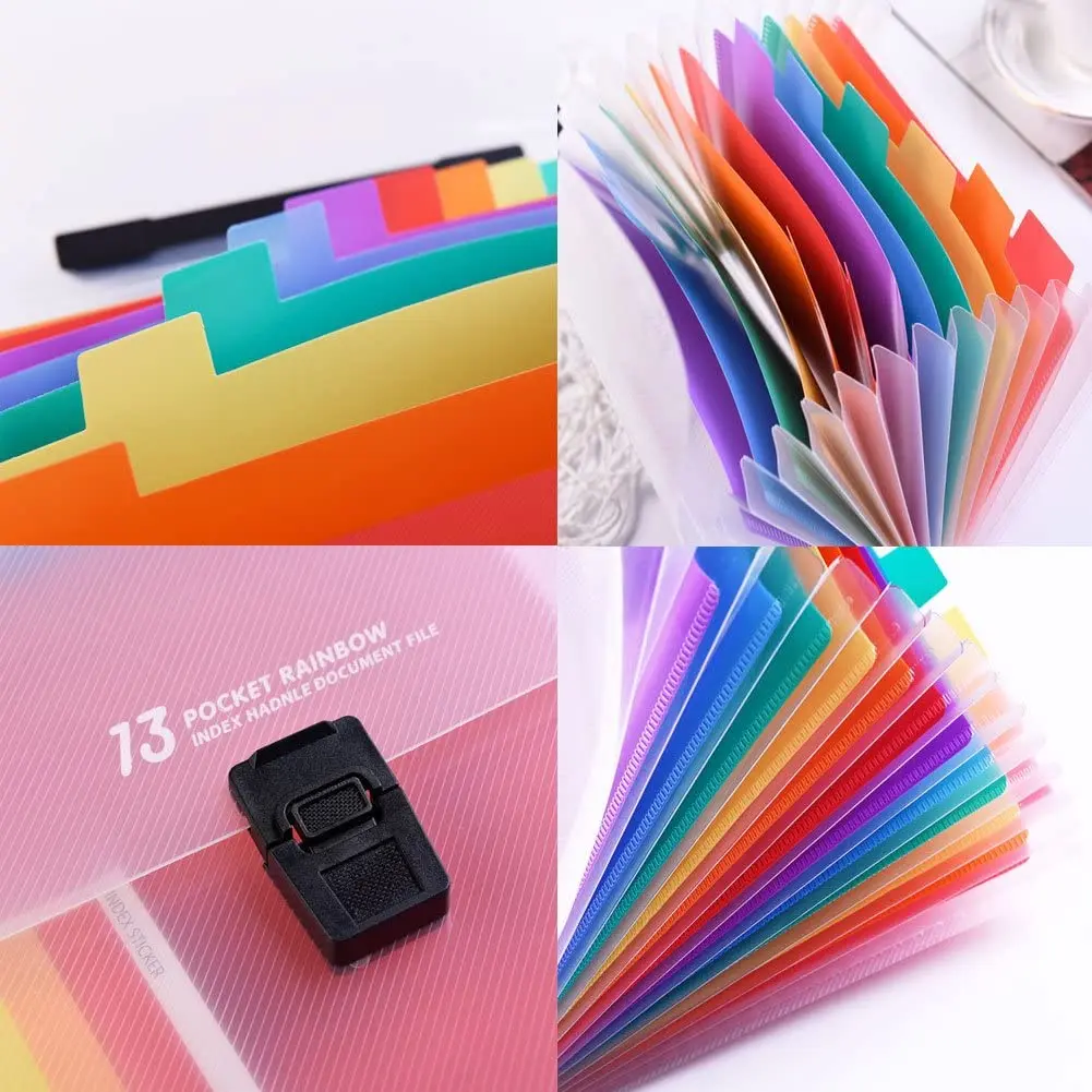A4 Size 13 Pockets-Handle Plastic Expanding Accordion Folders Portable File Organizer Multi-Colour Large Capacity Document