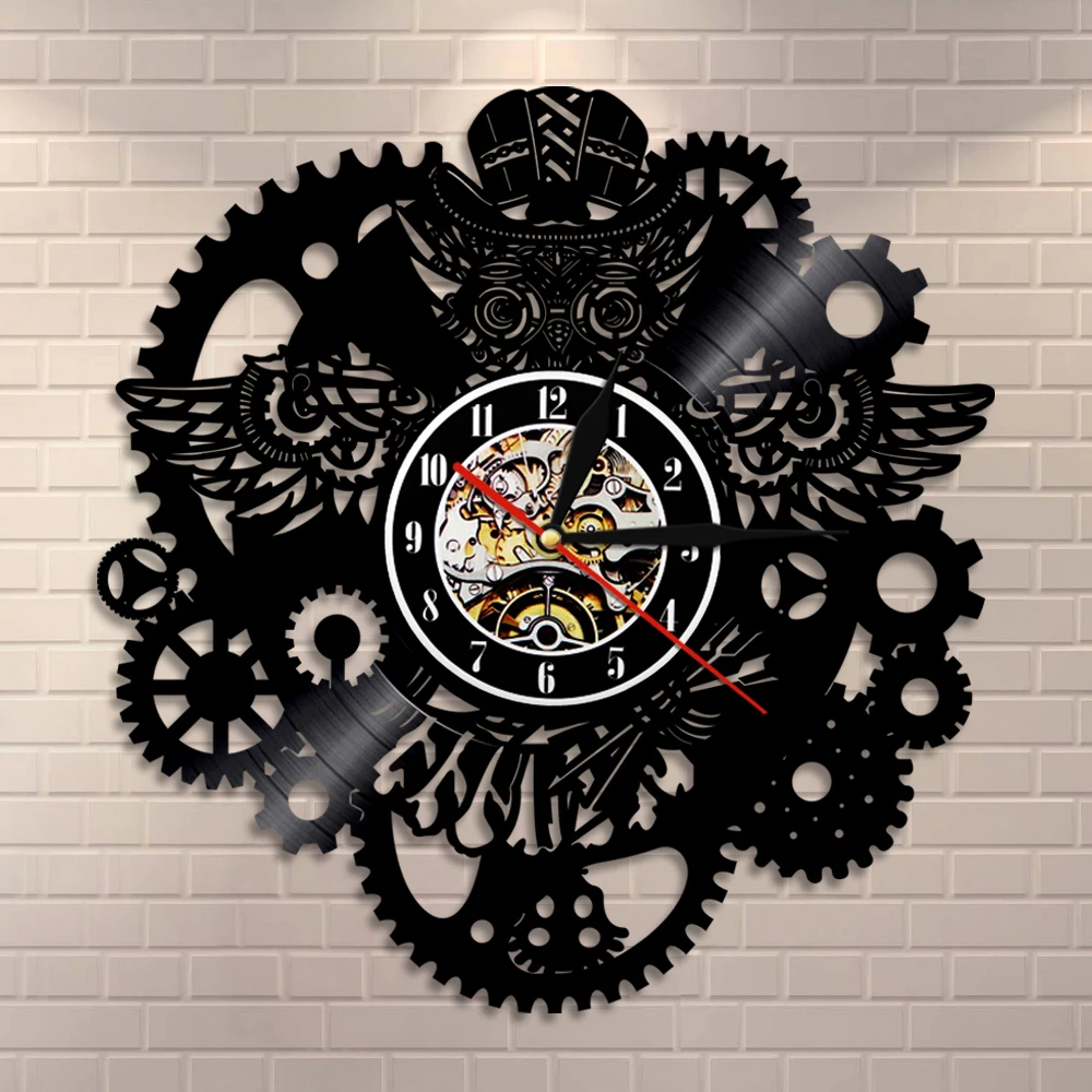 Steampunk Owl Vinyl Record Wall Clock Gear Cogs Night Owl Steampunk Wall Clock Home Decor Cogwheels Animal Modern Hanging Watch