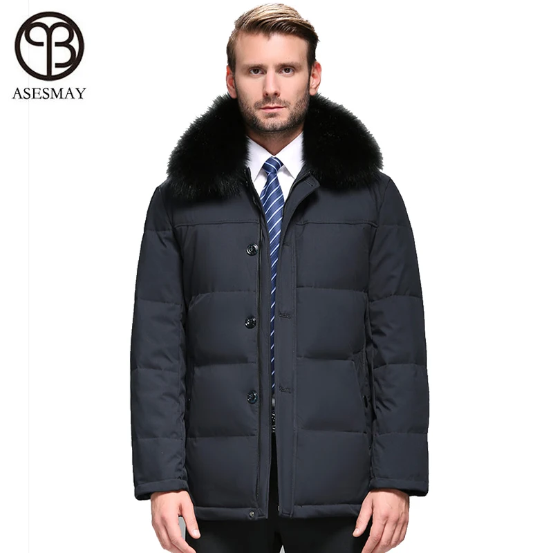 Asesmay brand white duck down men‘s winter jacket thick men coats smart casual style real fur detachable male long winter prakas