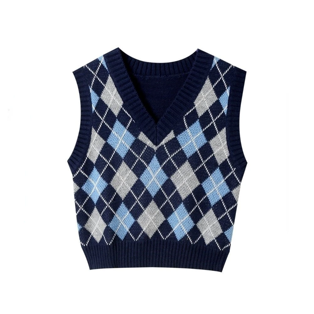 Sweater Vests Women Plaid Cropped Knitting Womens Clothing V-neck Leisure All-match Students Preppy Style College Daily Outwear