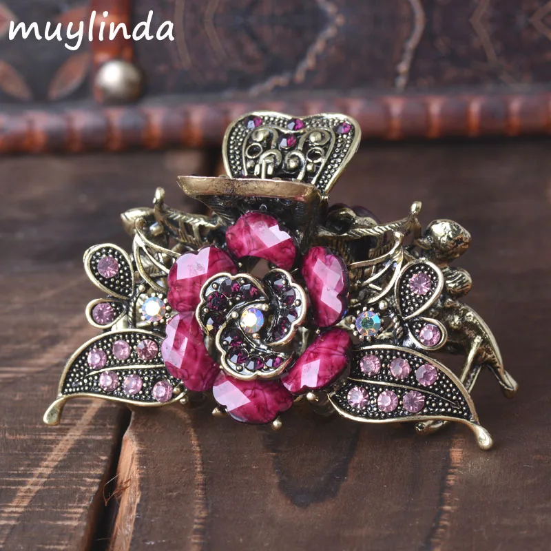 Vintage Hair Jewelry Antique Metal Flower Hair Claws Rhinestones Hair Clip For Women Girls