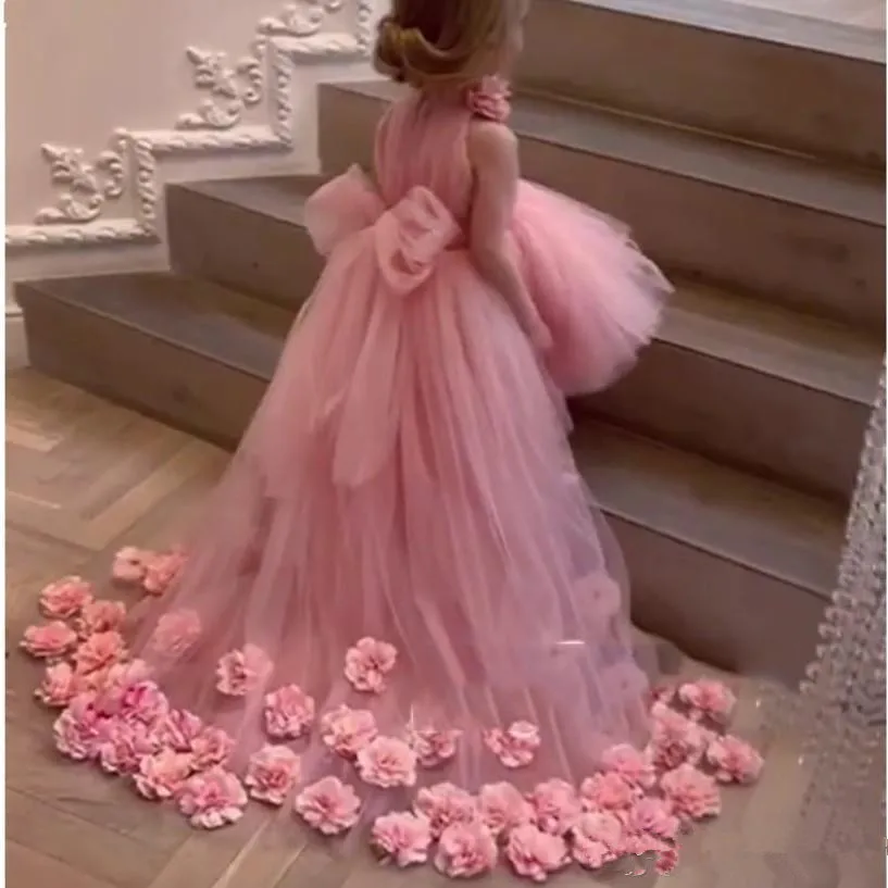 Vestidos de flores para niñas, moda 2020, cuello alto, Apliques de encaje, vestidos de desfile de tul para niñas, vestidos de primera comunión hechos a medida