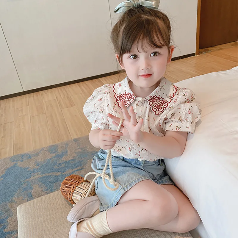 Summer Girls Fashion Embroidery Flower Short Sleeve Blouse Baby Kids Children Shirt