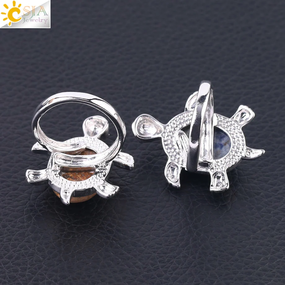 CSJA Women Ring Reiki Natural Crystal Stone Pink Quartz Lapis Silver Color Finger Rings Cute Animal Tortoise Trendy Jewelry F589