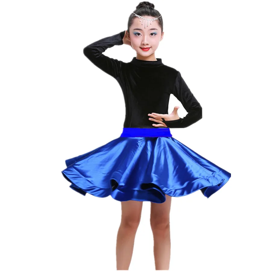 New Kids Girls Velvet Latin Dance Dresses Gymnastics Dancewear Tango Salsa Costume Big Circle Ballroom Skirt For Girls