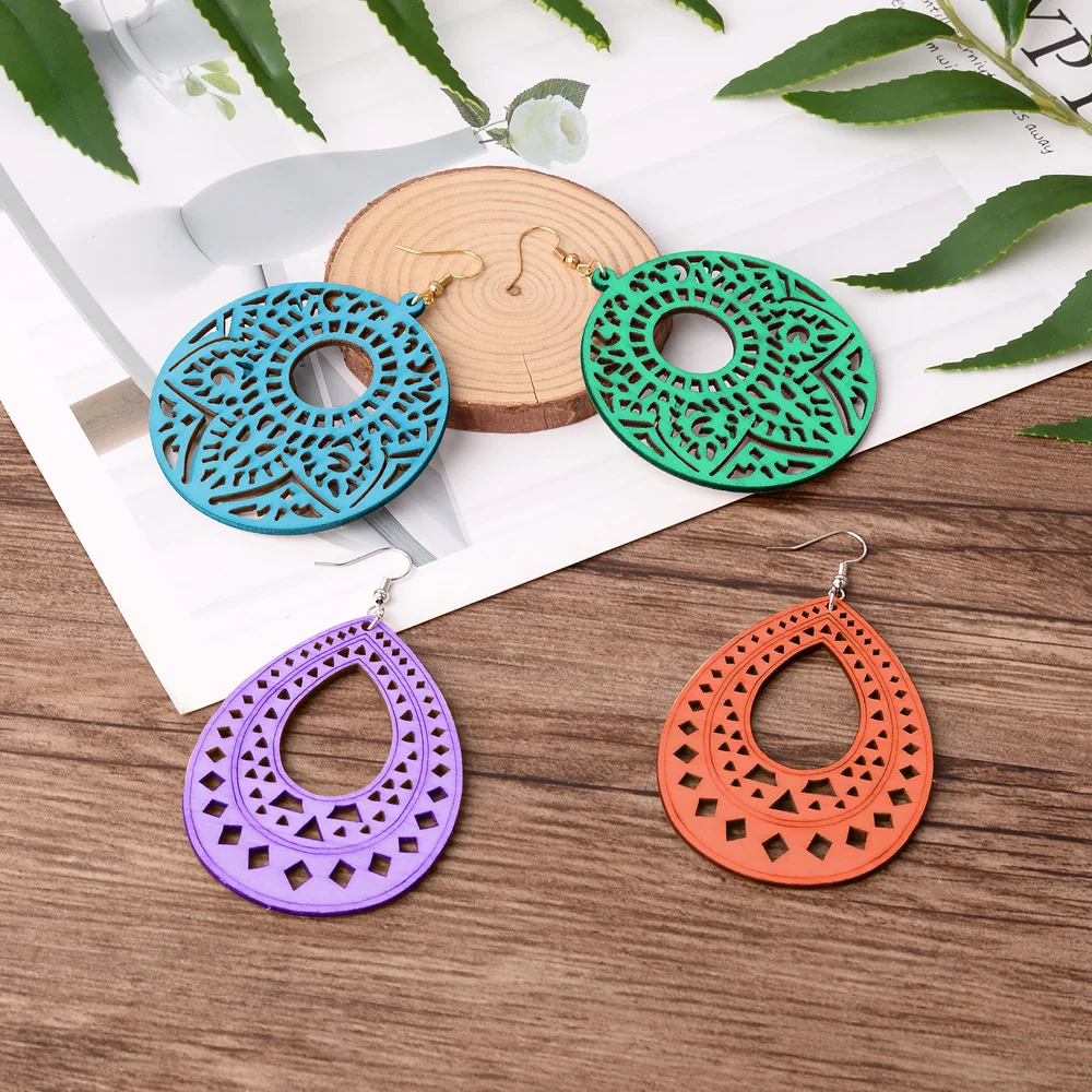 1Set Unfinish Wooden Charms Earrings Blanks Wood Filigree Pendant Stainless Steel Jump Ring Earring Hooks DIY Jewelry Making Kit