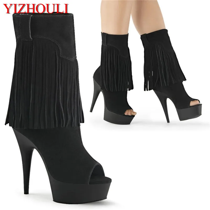 

New 15cm heels, low-heeled dinner boots, 6in high-heeled suede tassels, nightclub pole dancing sexy ankle boots