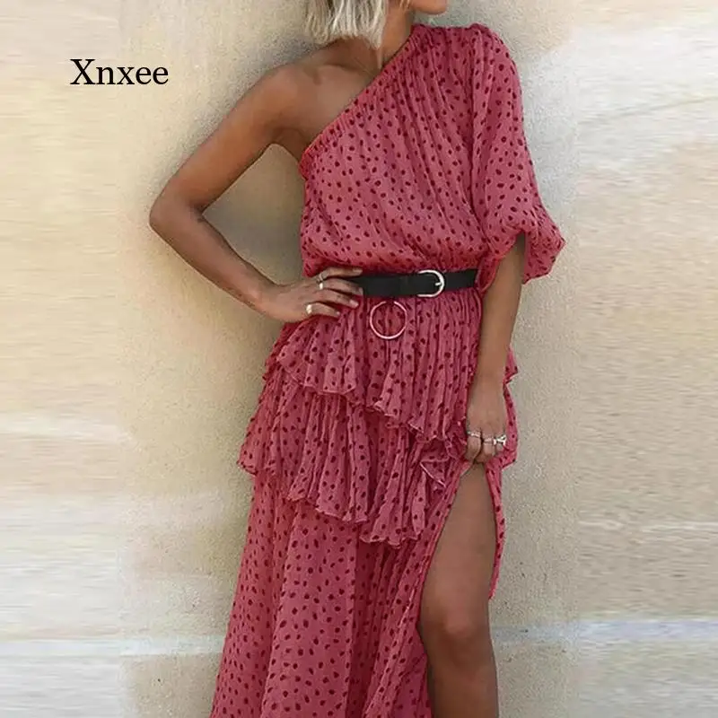 

One Shoulder Irregular Dress Summer Sexy Dot Print Bodycon Party Summer Chiffon Beach Dresses Women Elegant Ruffle Long Robe