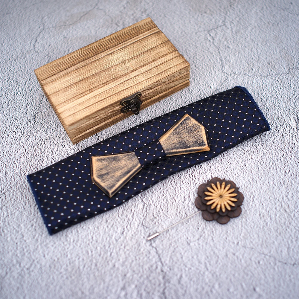 Old colored Vantage Wooden Hollow Wood Bow Ties Bowtie With Pocket Square Brooch For Men Christmas Gift Set With Box Ties