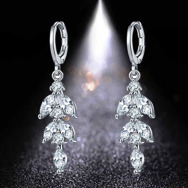 HUAMI Leaf Earrings Huggie Ear Clip Long Water Drop Jewelry AAA Zircon Korean Fashion Luxury Wedding Engagement Elegant Gift