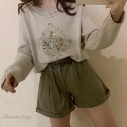 Vintage Floral Embroidery Knitted Sweater Women Jumper Mori Girls Flower Knitwear Green Elegant Fashion Long Sleeve Pullover Top