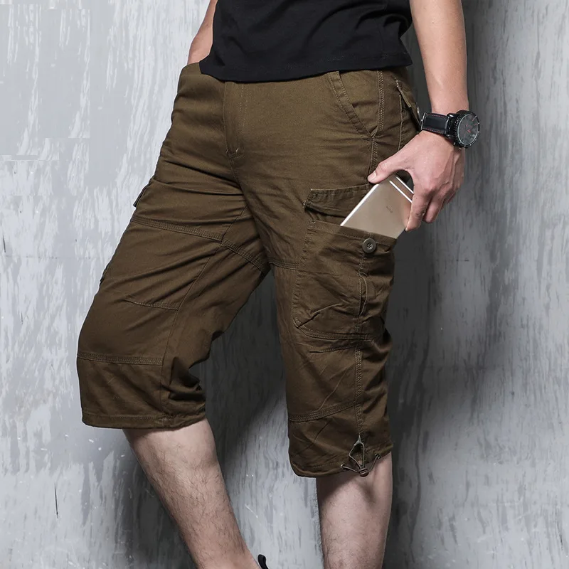 Summer Long Length Cargo Shorts Men Knee Multi Pocket Casual Cotton Elastic Waist Bermudas Male Military Style Hot Breeches