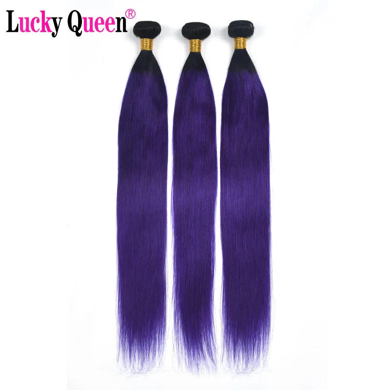 Lucky Queen Brazilian Straight Hair Bundles With Closure Ombre Purple Color Hair Weave Remy Human Hair Extensions