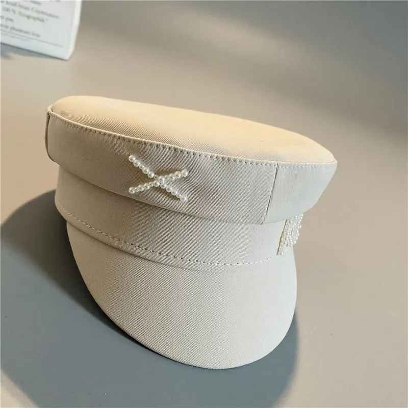 2022 New Pearl Letter Newsboy Caps Women Flat Militray Caps