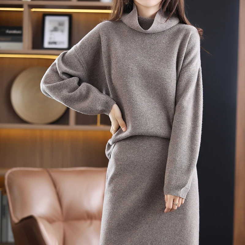 New 100%Pure Wool Cashmere Sweater Women High-Neck Large Size Top Knit High-Waist Long Skirt Two-Piece Suit Bag Hip Thick Dress