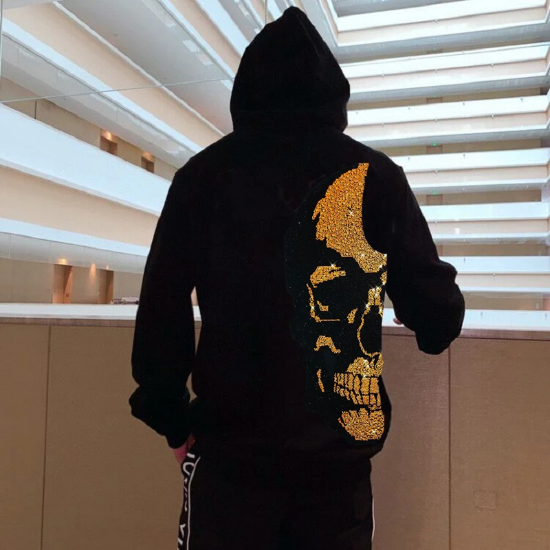 

Men's Pullover Elasticity Rhinestone Hoodie Super Exaggerated Personality Skull Hoody Trend Stage Unique Style