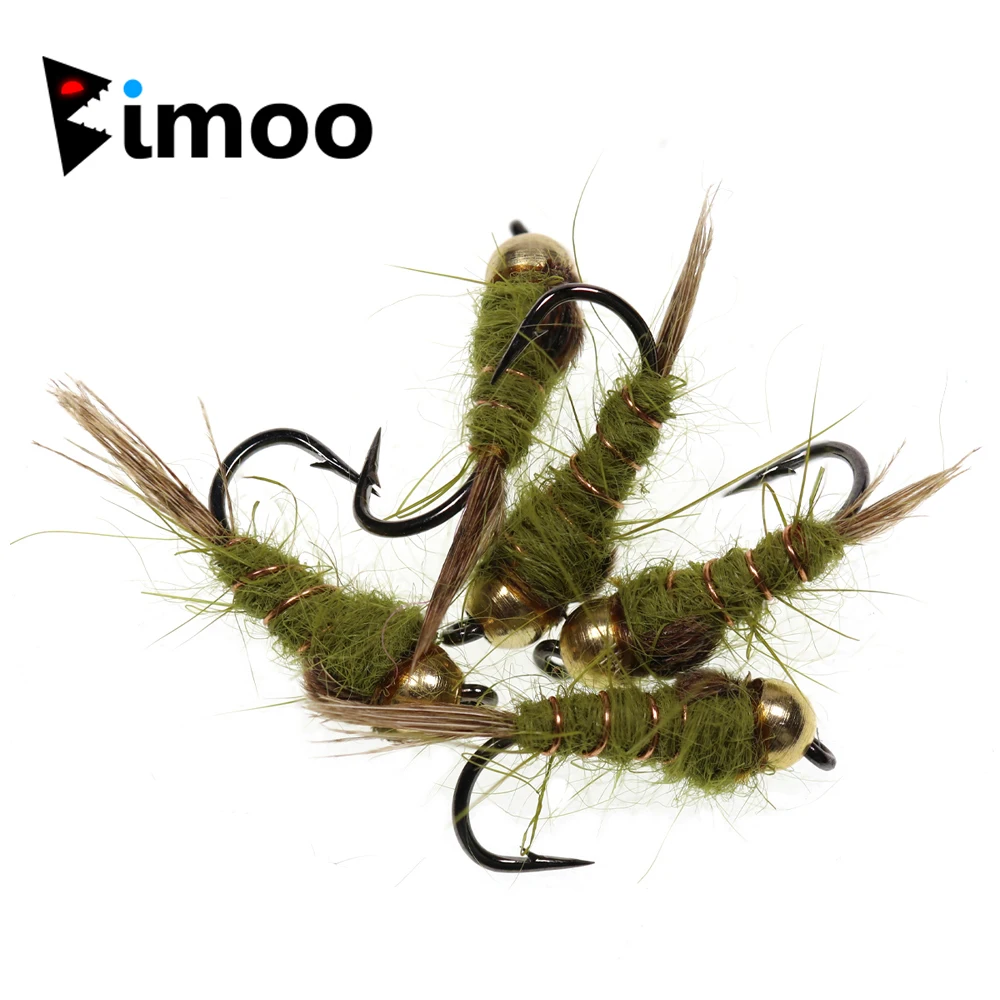 Bimoo 10PCS Classic # 14 Mosiężny koralik Obciążone ucho zająców Mucha do połowu pstrągów Mokra / nimfa Przynęta muchowa Przynęta Oliwkowa szara